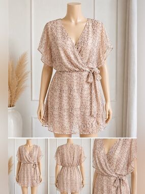 Blush Snakeskin Wrap Dress | Sheer Flutter Sleeve Mini | Tie Waist